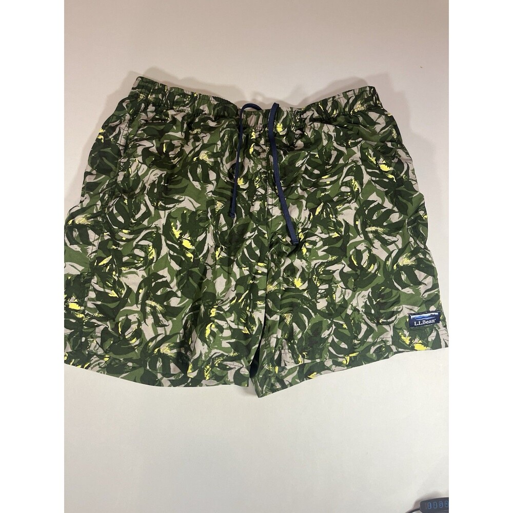 L.L.Bean Men’s Swim Trunks Size L Green Camo Leaf Print Mesh Lined Drawstring - Picture 5 of 16